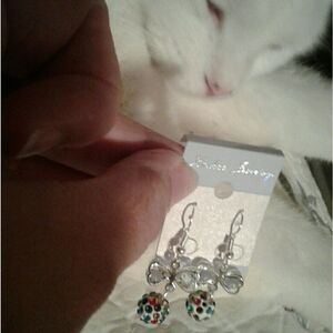 Disco Cat Earrings crystals red blue green silver
